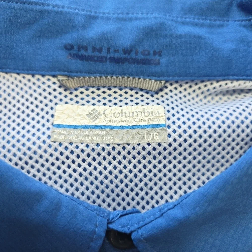 Columbia Omni Wick Men's Fishing Shirt Large Blue Short Sleeve Vented Pockets